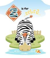 cartone animato di carino zebra potabile acqua nel il pantano, poco pesce nel acqua vettore