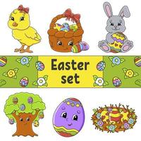 set di simpatici personaggi dei cartoni animati. clipart di Pasqua. disegnato a mano. confezione colorata. illustrazione vettoriale. collezione di badge patch. elementi di design dell'etichetta. per pianificatore quotidiano, diario, organizzatore. vettore