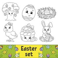 libro da colorare per bambini. clipart di Pasqua. personaggi allegri. illustrazione vettoriale. stile cartone animato carino. sagoma contorno nero. isolato su sfondo bianco. vettore