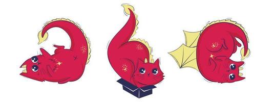 printready rosso dragoncat collezione. adorabile gattini con Ali e code nel vario pose clipart vettore