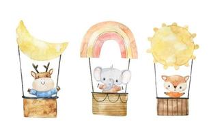 carino infantile illustrazione con animali su caldo aria Palloncino, trasporto. avventura manifesto vettore