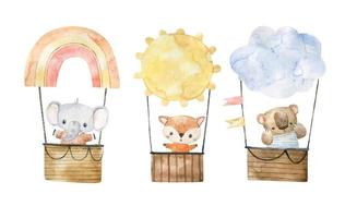 carino infantile illustrazione con animali su caldo aria Palloncino, trasporto. avventura manifesto vettore
