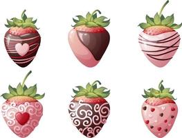 impostato di fragole nel cioccolato con decorazione su un isolato sfondo. romanza, San Valentino S giorno, dolce dolce. vettore illustrazione.