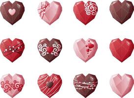 cuore sagomato cioccolato caramella impostato su un isolato sfondo. dolci per San Valentino S giorno con delizioso glassatura e decorazioni. vettore icone, adesivi,