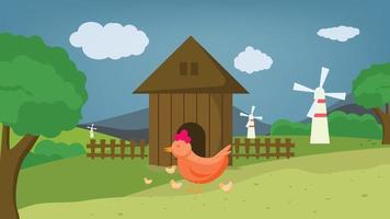pollo azienda agricola sfondo cartone animato. pollo Casa, terra, mulino a vento, cancello, montagna, nuvole vettore illustrazione.
