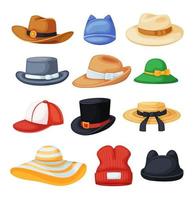 cartone animato copricapo. cowboy cappello, fedora, spiaggia sole cappello, baseball berretto, nero cilindro. diverso tipi di uomini e donne elegante cappelli vettore impostato