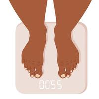 piedi in piedi su bagno pesatura bilancia. pesatura. eccesso il peso. peso misurazione e controllo. salutare stile di vita, dieta e fitness vettore