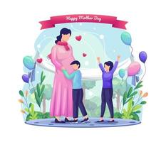 i bambini sono felici di celebrare la loro madre che è incinta. felice festa della mamma saluto illustrazione vettoriale