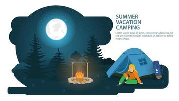 banner per la progettazione del campeggio estivo in una radura nella foresta c'è una tenda turistica accanto a una persona seduta e appoggiata sullo sfondo dell'illustrazione piana di vettore del cielo della luna notturna