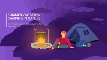 banner per la progettazione di un campeggio estivo in natura un ragazzo si siede vicino a un falò di notte sullo sfondo di montagne illustrazione vettoriale piatta