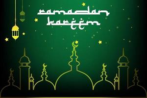 disegno di sfondo islamico di saluto di Ramadan Kareem con moschea silhouette e calligrafia araba in vettore di colore stile verde scuro e oro