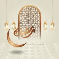 design islamico di calligrafia di ramadan kareem con lussuosa falce di luna, lanterna islamica e motivo a moschea su sfondo islamico. vettore