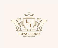 iniziale li lettera Leone reale lusso stemma araldico logo modello nel vettore arte per ristorante, regalità, boutique, bar, Hotel, araldico, gioielleria, moda e altro vettore illustrazione.