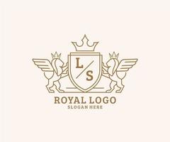 iniziale ls lettera Leone reale lusso stemma araldico logo modello nel vettore arte per ristorante, regalità, boutique, bar, Hotel, araldico, gioielleria, moda e altro vettore illustrazione.
