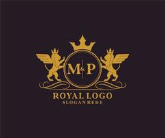 iniziale mp lettera Leone reale lusso stemma araldico logo modello nel vettore arte per ristorante, regalità, boutique, bar, Hotel, araldico, gioielleria, moda e altro vettore illustrazione.