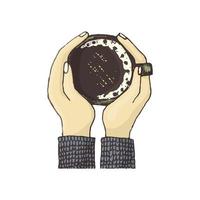 vettore illustrazione di Da donna mani Tenere un' boccale di caffè. superiore Visualizza disegnato di mano nel colore. concetto per un' caffè negozio, menù design o caffè bevande