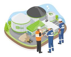 bio gas pianta fabbrica Conservazione gestione ingegnere parlando con lavoratore ecologia fabbrica verde energia simboli concetto illustrazione isometrico isolato cartone animato vettore