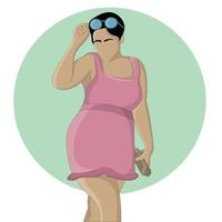 piatto design di donna nel rosa corto vestito con occhiali da sole su testa vettore