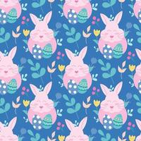 coniglietto di pasqua rosa con uova e piante su sfondo blu. Vector seamless pattern