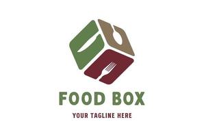 geometrico cubo scatola cucchiaio forchetta coltello per cibo ristorante ristorazione consegna servizio logo design vettore