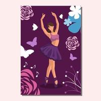 caucasico bianca senza volto ballerina nel un' viola tutu e pointe scarpe danza su un' viola manifesto con fiori e farfalle. vettore illustrazione nel piatto stile