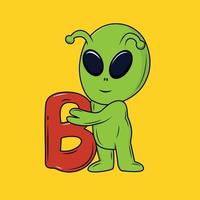 carino alieno con B lettera cartone animato etichetta vettore illustrazione