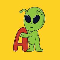 carino alieno con un' lettera cartone animato etichetta vettore illustrazione