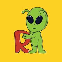 carino alieno con r lettera cartone animato etichetta vettore illustrazione