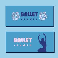 Teatro biglietto design. balletto scuola aviatore modello. ballerina silhouette nel il tutu e pointe scarpa con fiore. blu e rosa carta design. vettore illustrazione