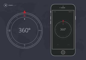 Bussola su sfondo scuro. Compass Application on Mobile. Illustrazione vettoriale