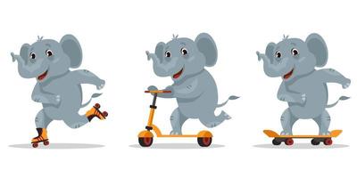 elefante divertente cartone animato. cavalcare animali su skateboard, pattini a rotelle e scooter.