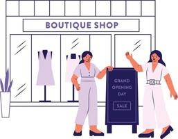 boutique memorizzare vettore illustrazione. femmina personaggio nel uniforme in piedi nel davanti di negozio finestra e la scelta Abiti.