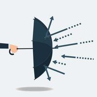 mano Tenere e ombrello come un' scudo proteggere a partire dal attacchi. finanziario protezione concetto illustrazione vettore