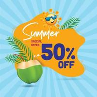 estate vendita offrire unità modello con estate elementi piace sole Noce di cocco con cannuccia e palma foglie vettore