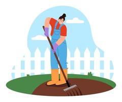 femmina giardiniere Lavorando nel il verdura giardino. giovane donna rastrellare. giardino Manutenzione concetto. piatto vettore illustrazione.