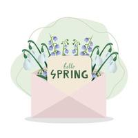 primavera concetto. piatto cartone animato illustrazione di primavera In arrivo con Busta, fiori e lettera vettore