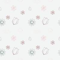 seamless con simpatico cartone animato, fiore rosa, foglie e forme floreali su uno sfondo bianco. vettore