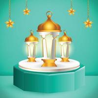 Prodotto 3d display islamico a tema podio blu e bianco con lanterna e stella per il ramadan vettore