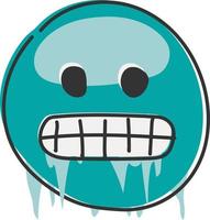 freddo emoji. congelamento emoticon, ghiacciato blu viso con grintoso denti, ghiaccioli e neve cap. mano disegnato, piatto stile emoticon. vettore