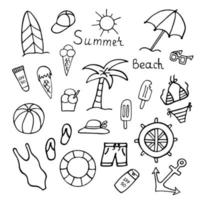 impostato di estate spiaggia elementi nel mano disegnato scarabocchio stile. monocromatico vettore illustrazione isolato su bianca sfondo. collezione di cose per vacanza.