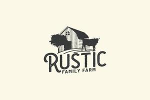 rustico azienda agricola logo con un' combinazione di campo, mucca e fienile nel Vintage ▾ stile. vettore