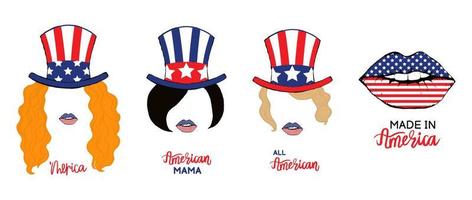 impostato di stampe per magliette di donne su 4 ° di luglio indipendenza giorno nel America. ragazza con rosso, Nero, bionda capelli e un' cappello con un americano bandiera, labbra vettore