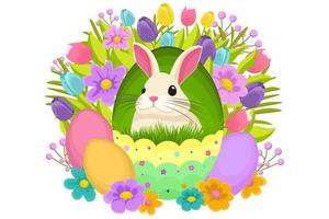 Pasqua illustrazione con coniglietto, fiori, Pasqua uova, sfondo, bandiera o di stagione carta, primavera illustrazione, vacanza illustrazione vettore