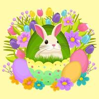 Pasqua illustrazione con coniglietto, fiori, Pasqua uova, sfondo, bandiera o di stagione carta, primavera illustrazione, vacanza illustrazione vettore