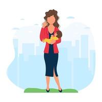 un' donna passeggiate con sua bambino mentre Lavorando su il Telefono. il problema di Da donna priorità fra parto e carriera. il concetto di essere in grado per opera durante maternità. vettore