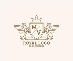 iniziale mv lettera Leone reale lusso stemma araldico logo modello nel vettore arte per ristorante, regalità, boutique, bar, Hotel, araldico, gioielleria, moda e altro vettore illustrazione.