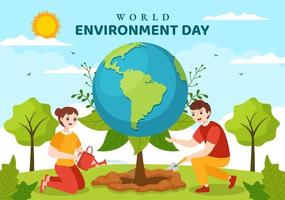 mondo ambiente giorno illustrazione con verde albero e animali nel foresta per Salva il pianeta o assunzione cura di il terra nel mano disegnato modelli vettore