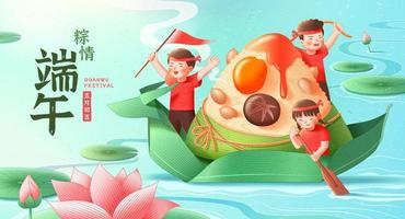 bandiera per Duanwu Festival, con bambini paddling su un' barca fatto di bambù foglia trasporto un' delizioso riso gnocco. Cinese traduzione, contento Drago barca Festival vettore