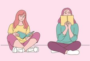 due donne sono sedute sul pavimento e leggono un libro. illustrazioni di disegno vettoriale stile disegnato a mano.