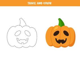 traccia e colora le zucche di halloween dei cartoni animati. pratica della scrittura a mano. vettore